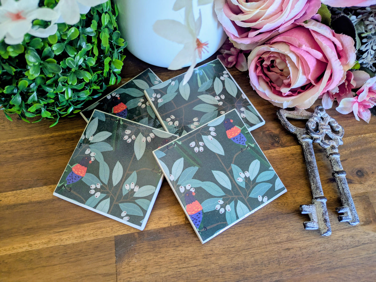 Hand Crafted Ceramic Coaster - Australian Birds Set of 4x (b)