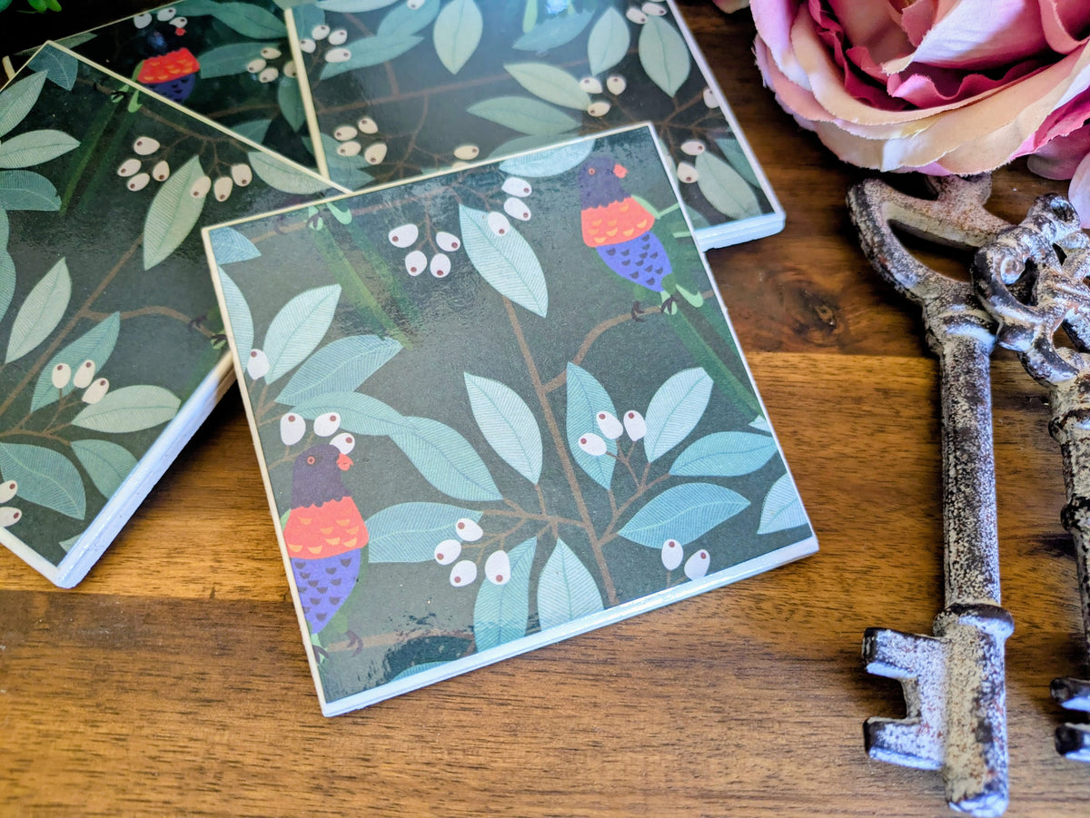 Hand Crafted Ceramic Coaster - Australian Birds Set of 4x (b)