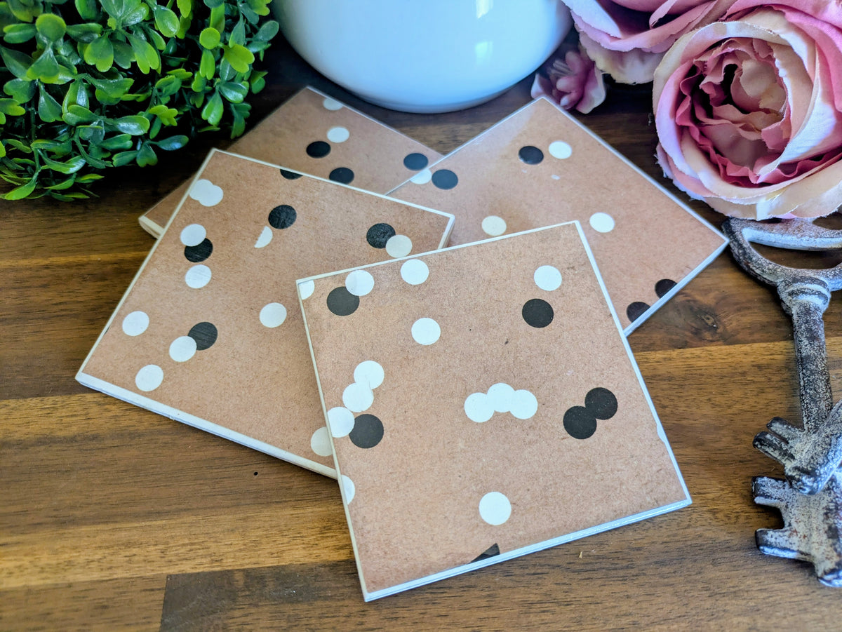 Hand Crafted Ceramic Coaster - Vintage Black & White Polka Dot Pattern Set of 4x