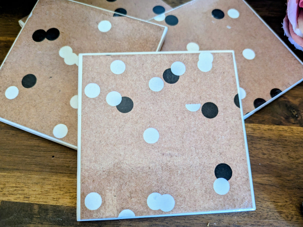 Hand Crafted Ceramic Coaster - Vintage Black & White Polka Dot Pattern Set of 4x