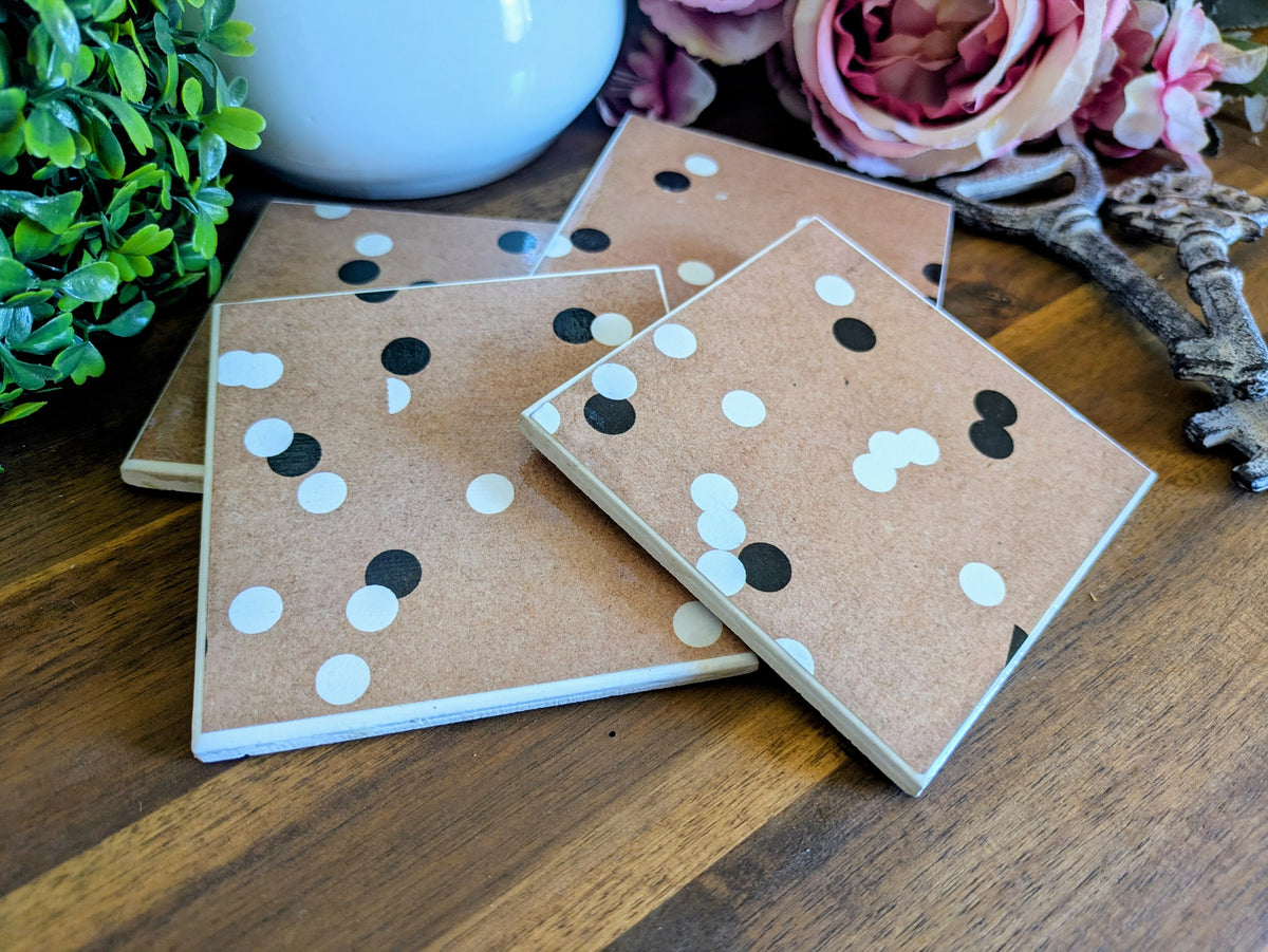 Hand Crafted Ceramic Coaster - Vintage Black & White Polka Dot Pattern Set of 4x