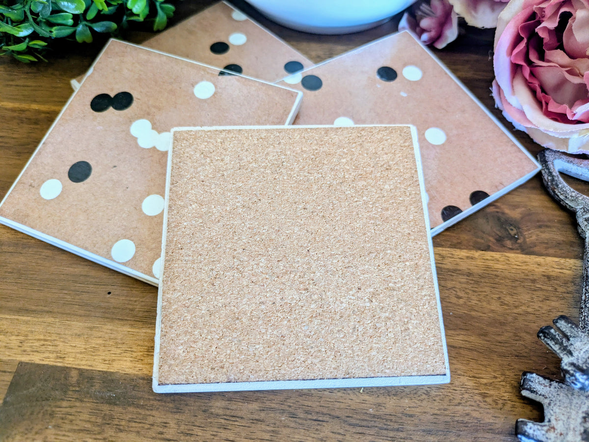 Hand Crafted Ceramic Coaster - Vintage Black & White Polka Dot Pattern Set of 4x