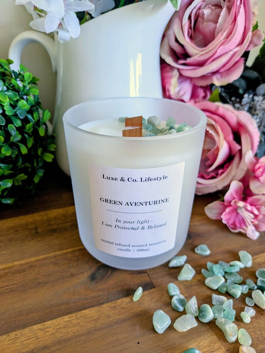 GREEN AVENTURINE Crystal Infused Intention Candle - Protected & Relaxed