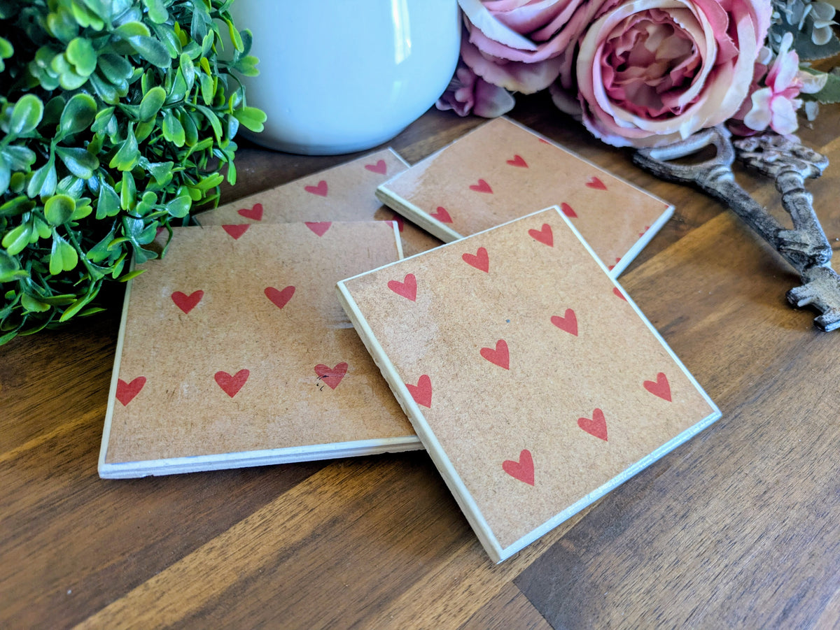 Hand Crafted Ceramic Coaster - Vintage Love Heart Pattern Set of 4x