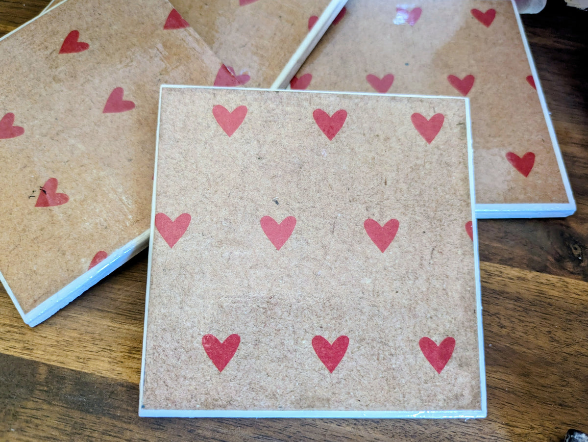 Hand Crafted Ceramic Coaster - Vintage Love Heart Pattern Set of 4x