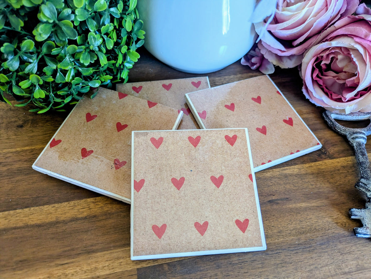 Hand Crafted Ceramic Coaster - Vintage Love Heart Pattern Set of 4x