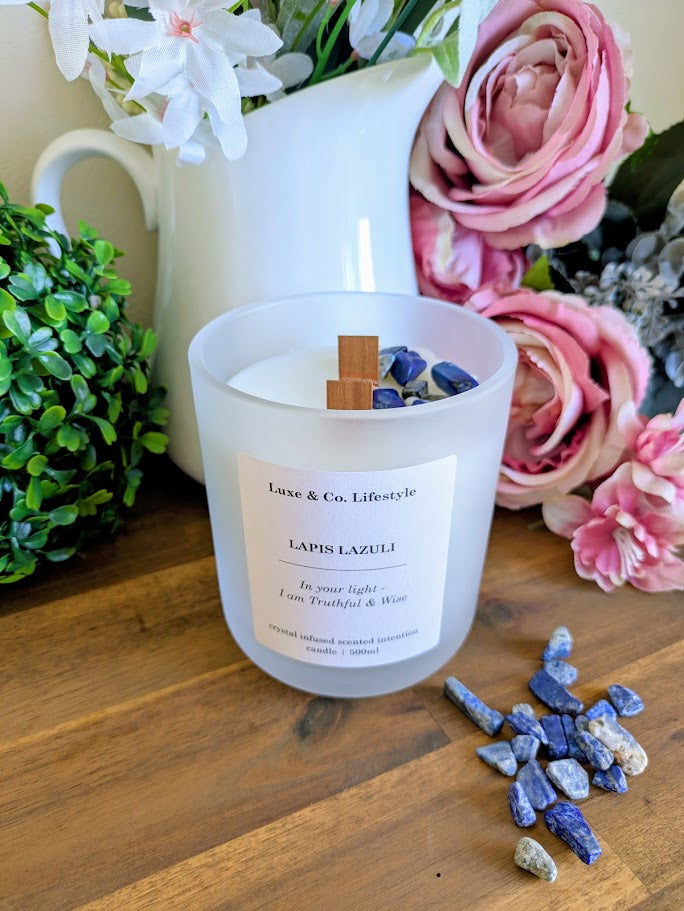 LAPIS LAZULI Crystal Infused Intention Candle - Truthful & Wise