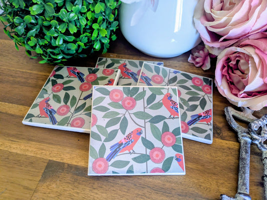 Hand Crafted Ceramic Coaster - Australian Birds Set of 4x (c)