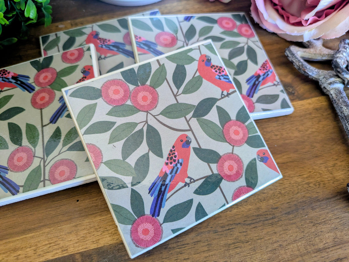 Hand Crafted Ceramic Coaster - Australian Birds Set of 4x (c)