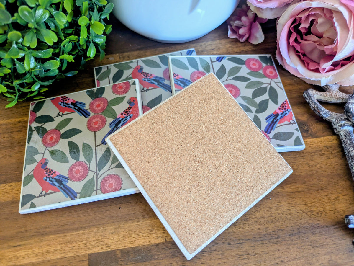 Hand Crafted Ceramic Coaster - Australian Birds Set of 4x (c)