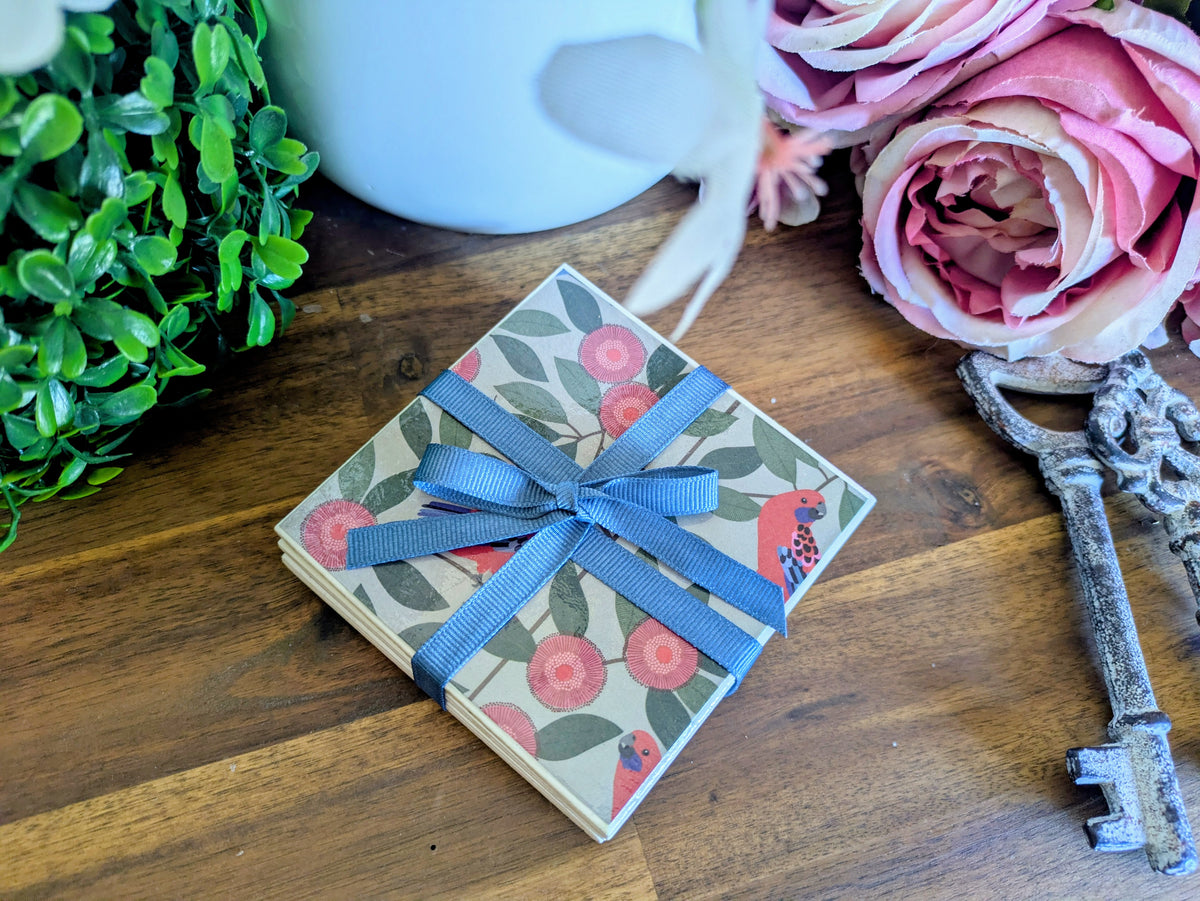 Hand Crafted Ceramic Coaster - Australian Birds Set of 4x (c)