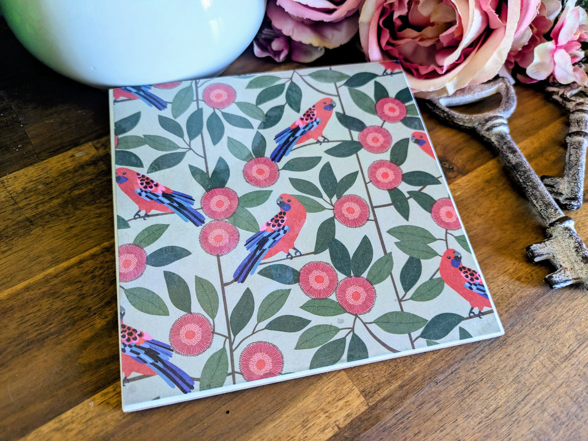 Hand Crafted Ceramic Coaster - Australian Birds Single Medium Size (a)