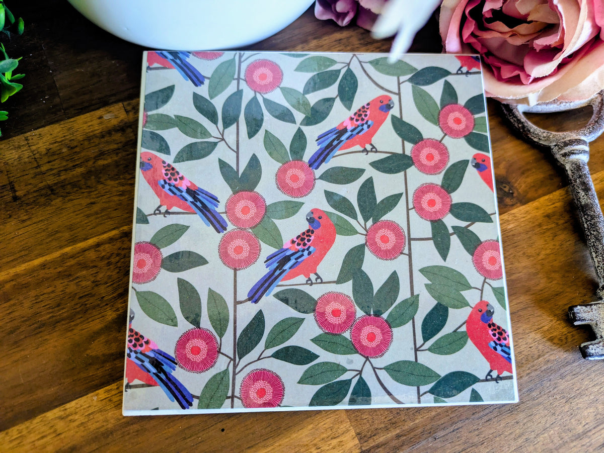 Hand Crafted Ceramic Coaster - Australian Birds Single Medium Size (a)