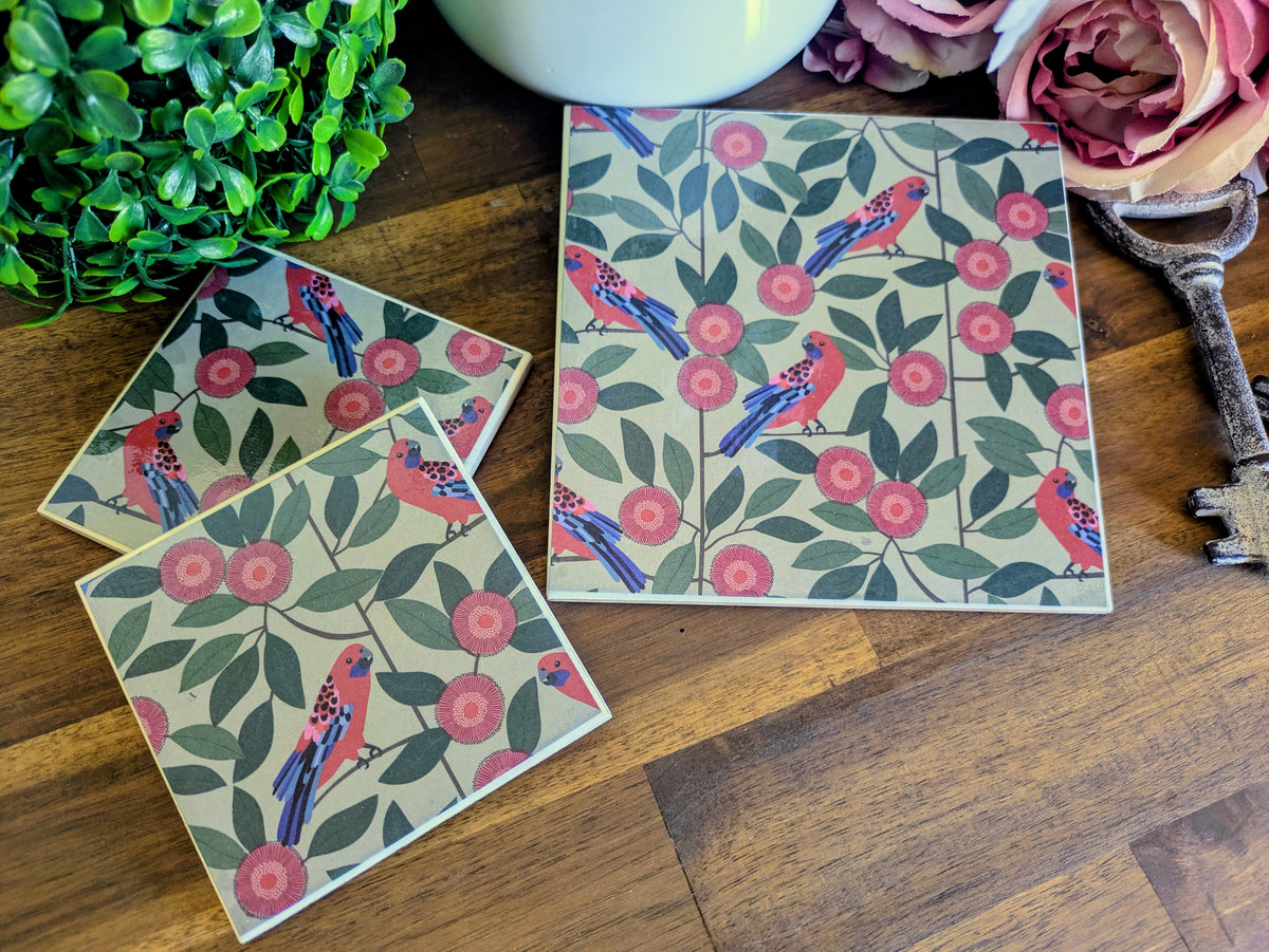 Hand Crafted Ceramic Coaster - Australian Birds Single Medium Size (a)