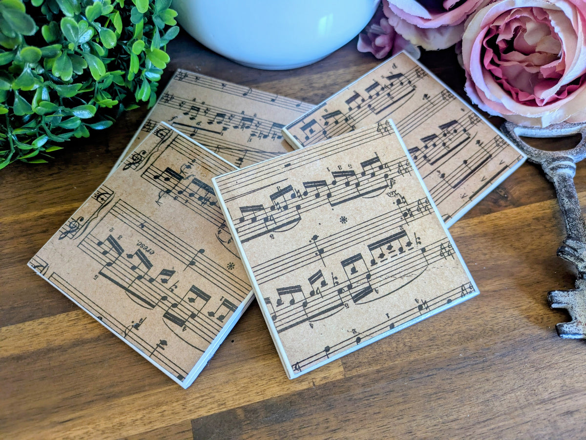 Hand Crafted Ceramic Coaster - Vintage Music Notes Pattern Set of 4x