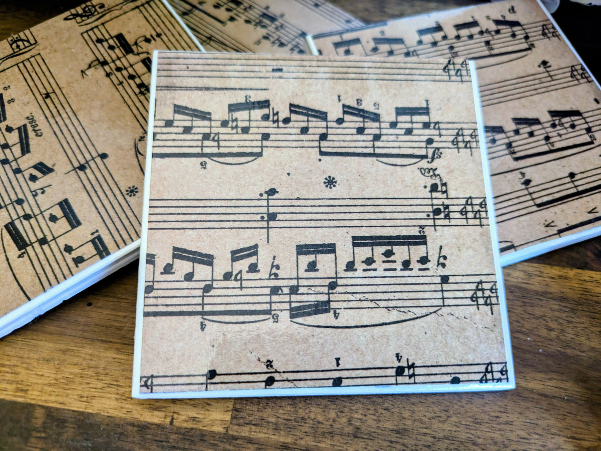 Hand Crafted Ceramic Coaster - Vintage Music Notes Pattern Set of 4x