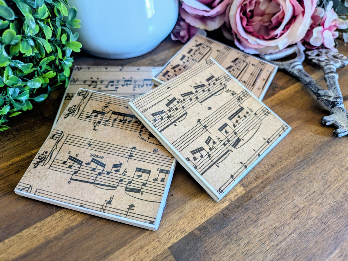 Hand Crafted Ceramic Coaster - Vintage Music Notes Pattern Set of 4x
