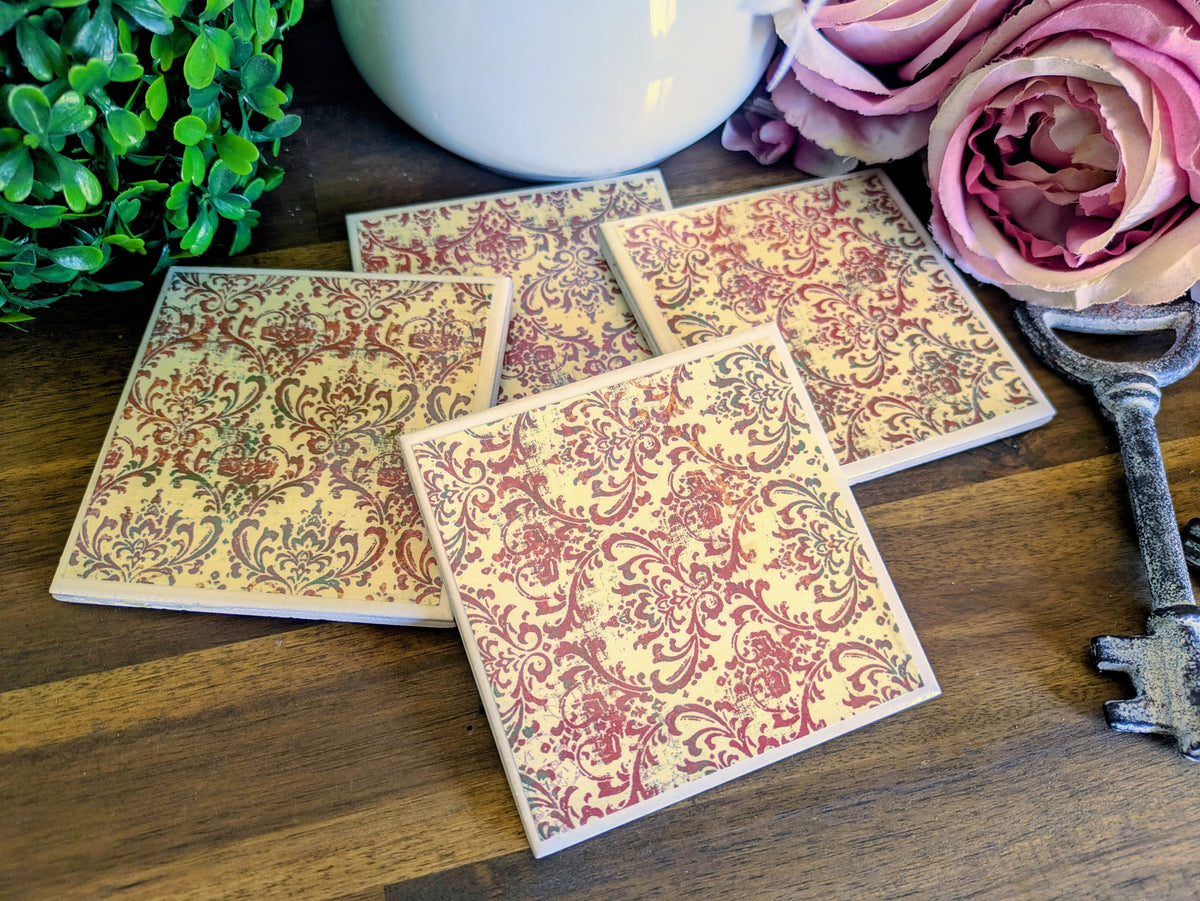 Hand Crafted Ceramic Coaster - Vintage Red Paisley Pattern Set of 4x