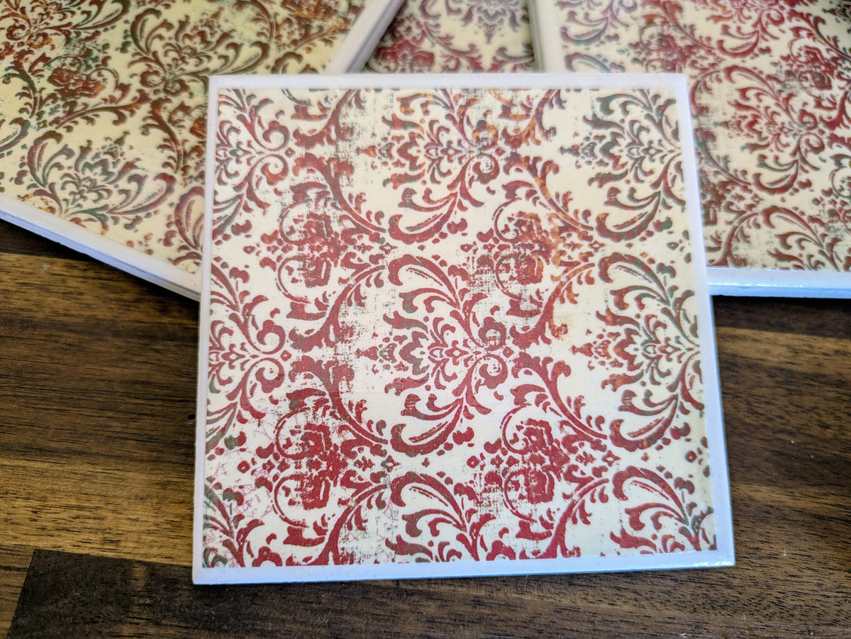 Hand Crafted Ceramic Coaster - Vintage Red Paisley Pattern Set of 4x