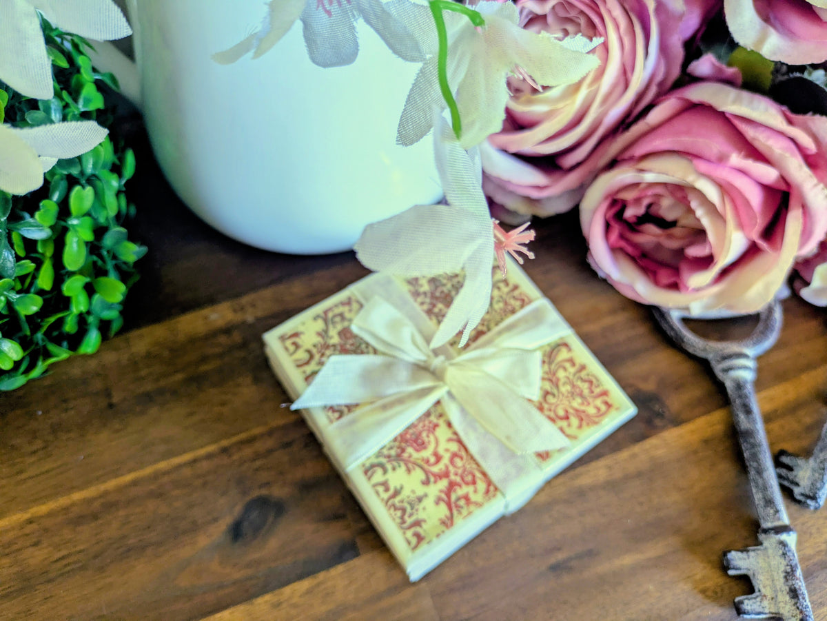 Hand Crafted Ceramic Coaster - Vintage Red Paisley Pattern Set of 4x