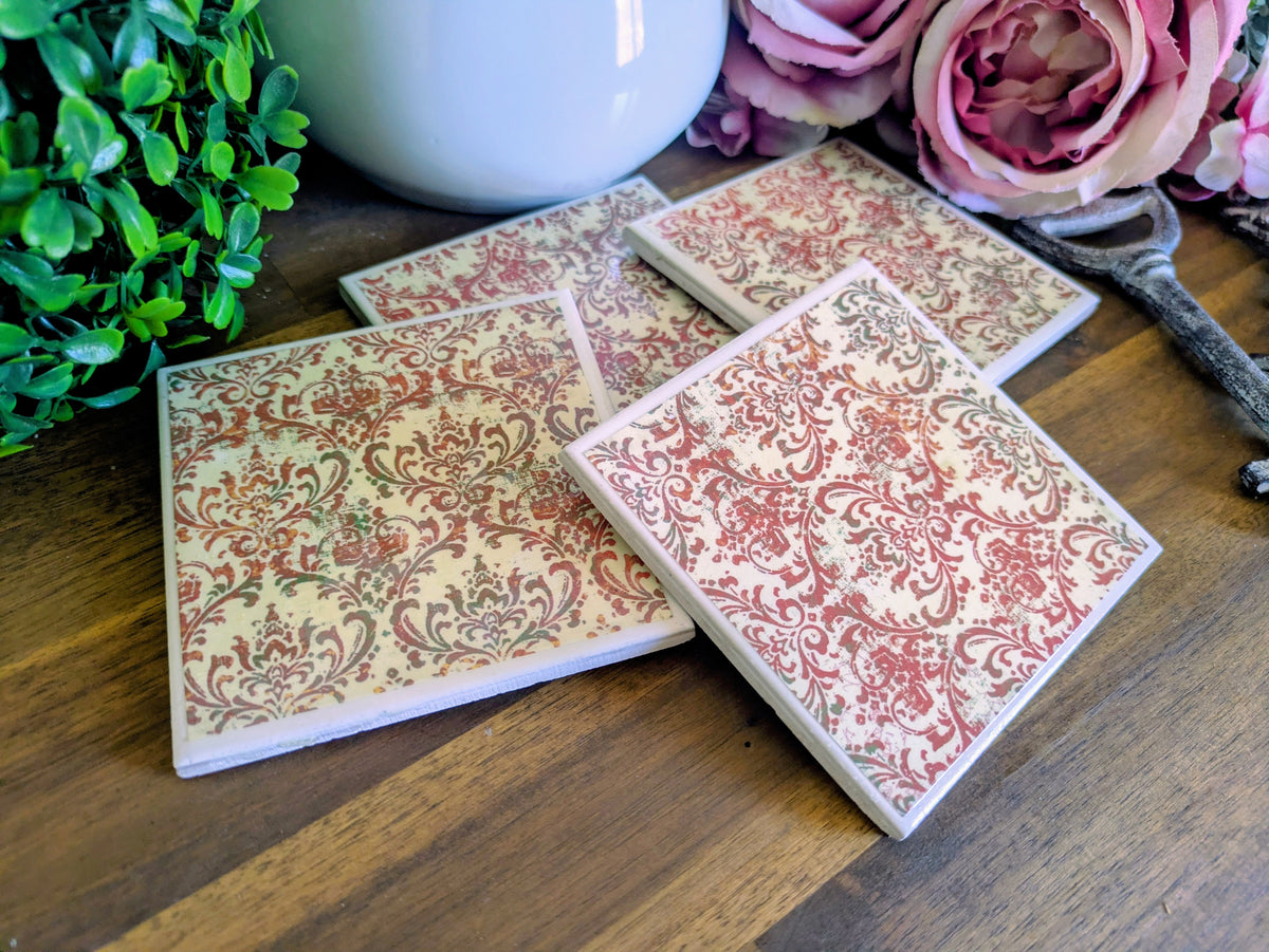 Hand Crafted Ceramic Coaster - Vintage Red Paisley Pattern Set of 4x