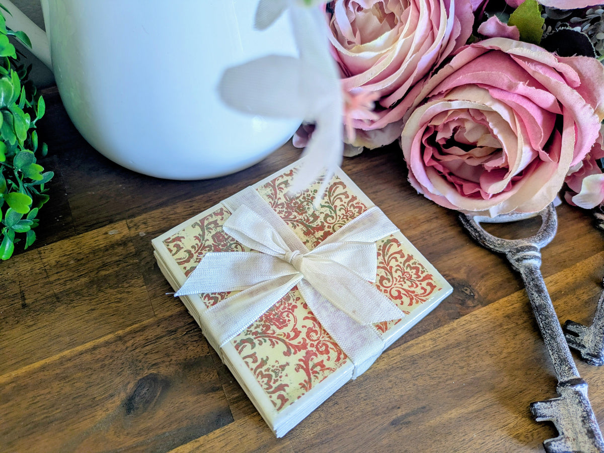 Hand Crafted Ceramic Coaster - Vintage Red Paisley Pattern Set of 4x