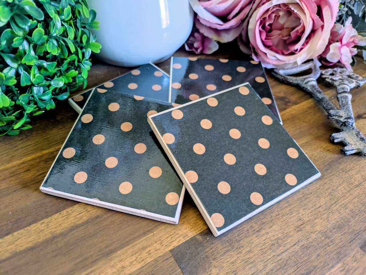 Hand Crafted Ceramic Coaster - Vintage Black & Gold Polka Dot Pattern Set of 4x