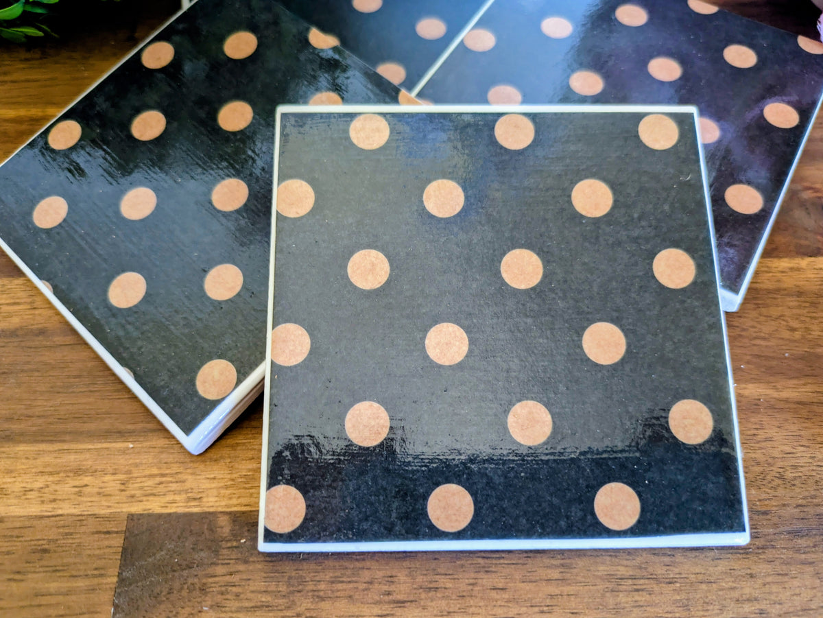 Hand Crafted Ceramic Coaster - Vintage Black & Gold Polka Dot Pattern Set of 4x