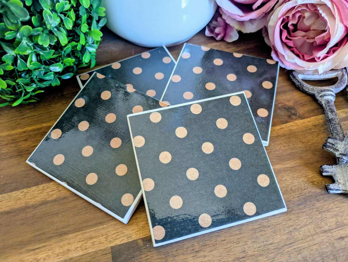 Hand Crafted Ceramic Coaster - Vintage Black & Gold Polka Dot Pattern Set of 4x