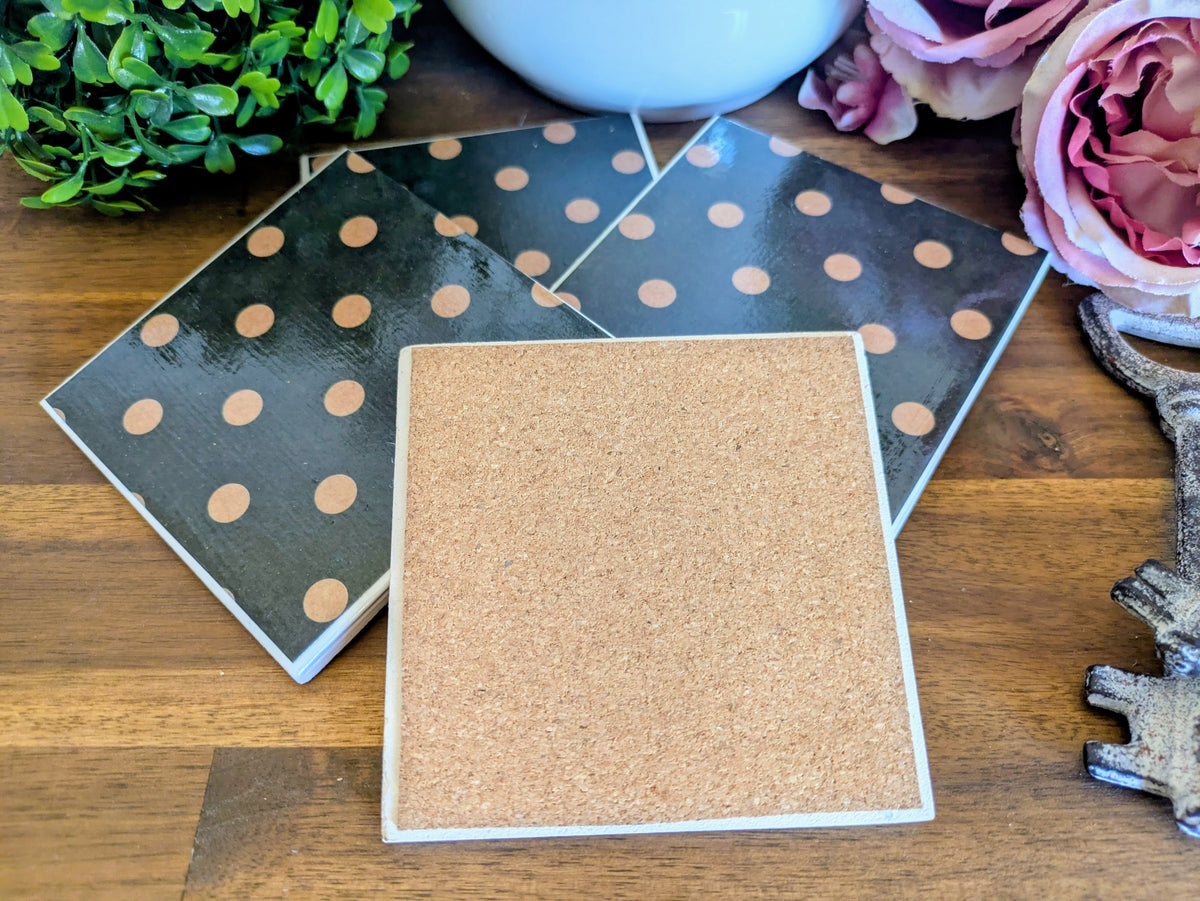 Hand Crafted Ceramic Coaster - Vintage Black & Gold Polka Dot Pattern Set of 4x