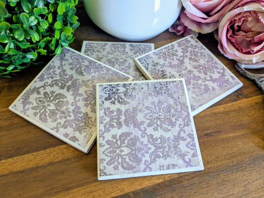 Hand Crafted Ceramic Coaster - Vintage Purple Paisley Pattern Set of 4x