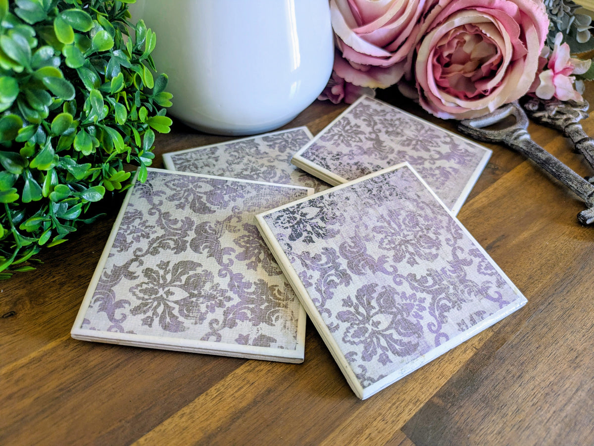 Hand Crafted Ceramic Coaster - Vintage Purple Paisley Pattern Set of 4x