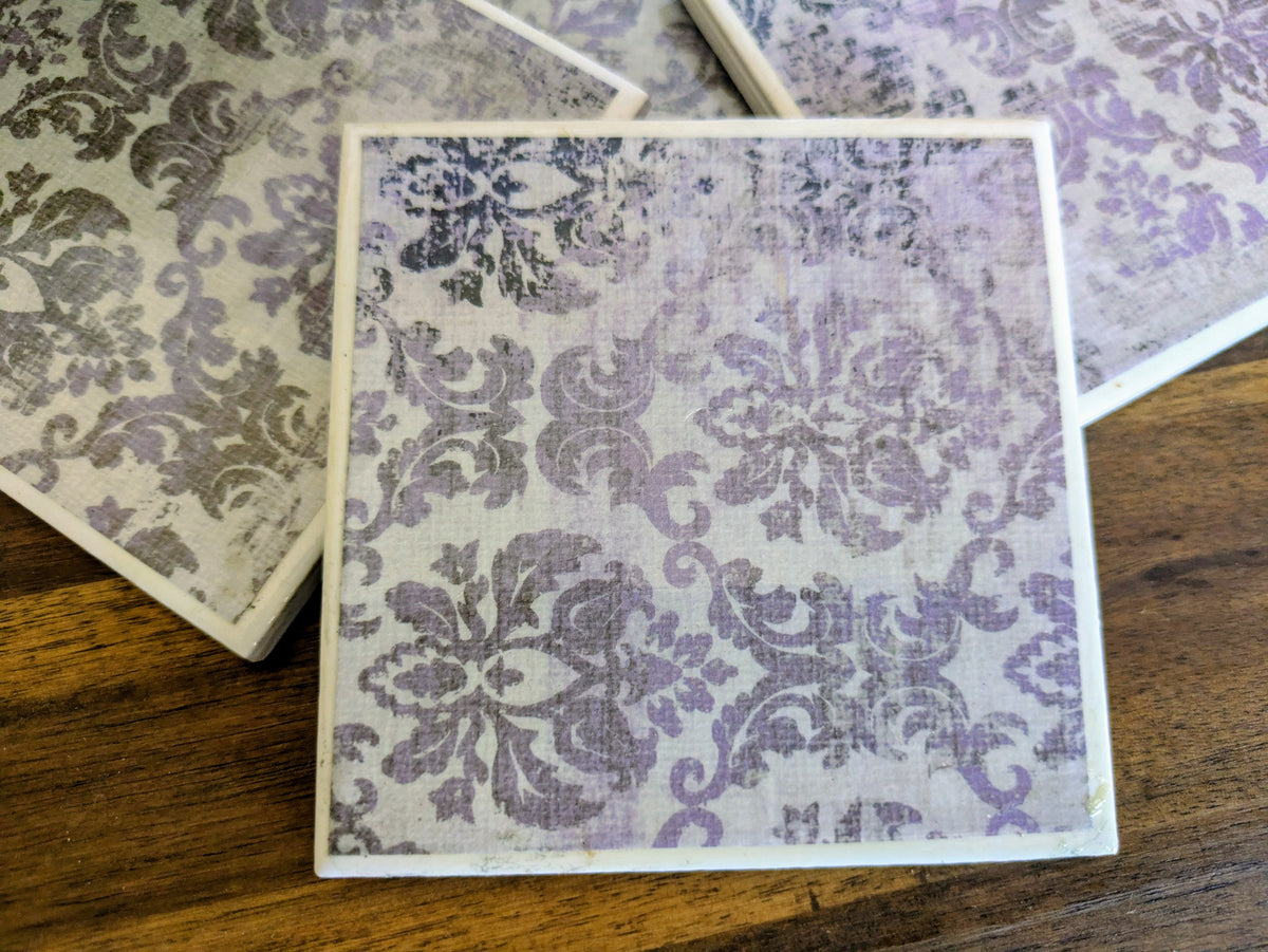 Hand Crafted Ceramic Coaster - Vintage Purple Paisley Pattern Set of 4x