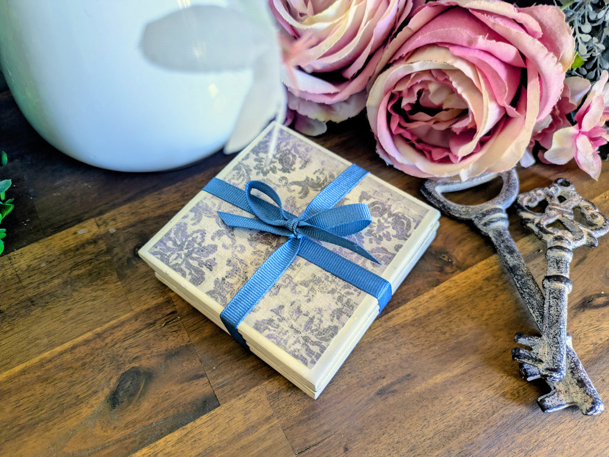 Hand Crafted Ceramic Coaster - Vintage Purple Paisley Pattern Set of 4x