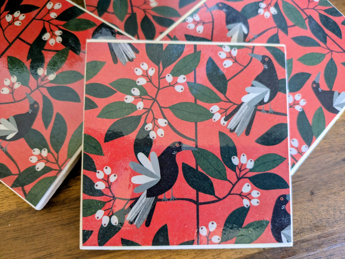 Hand Crafted Ceramic Coaster - Australian Birds Set of 4x (d)