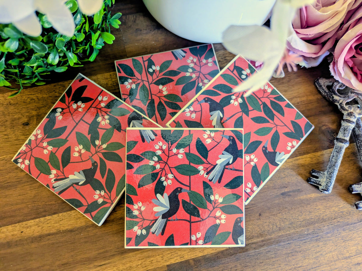 Hand Crafted Ceramic Coaster - Australian Birds Set of 4x (d)