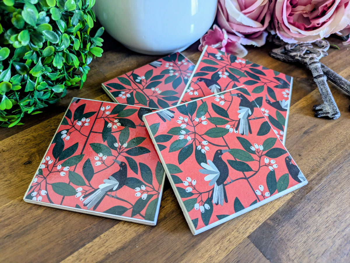 Hand Crafted Ceramic Coaster - Australian Birds Set of 4x (d)