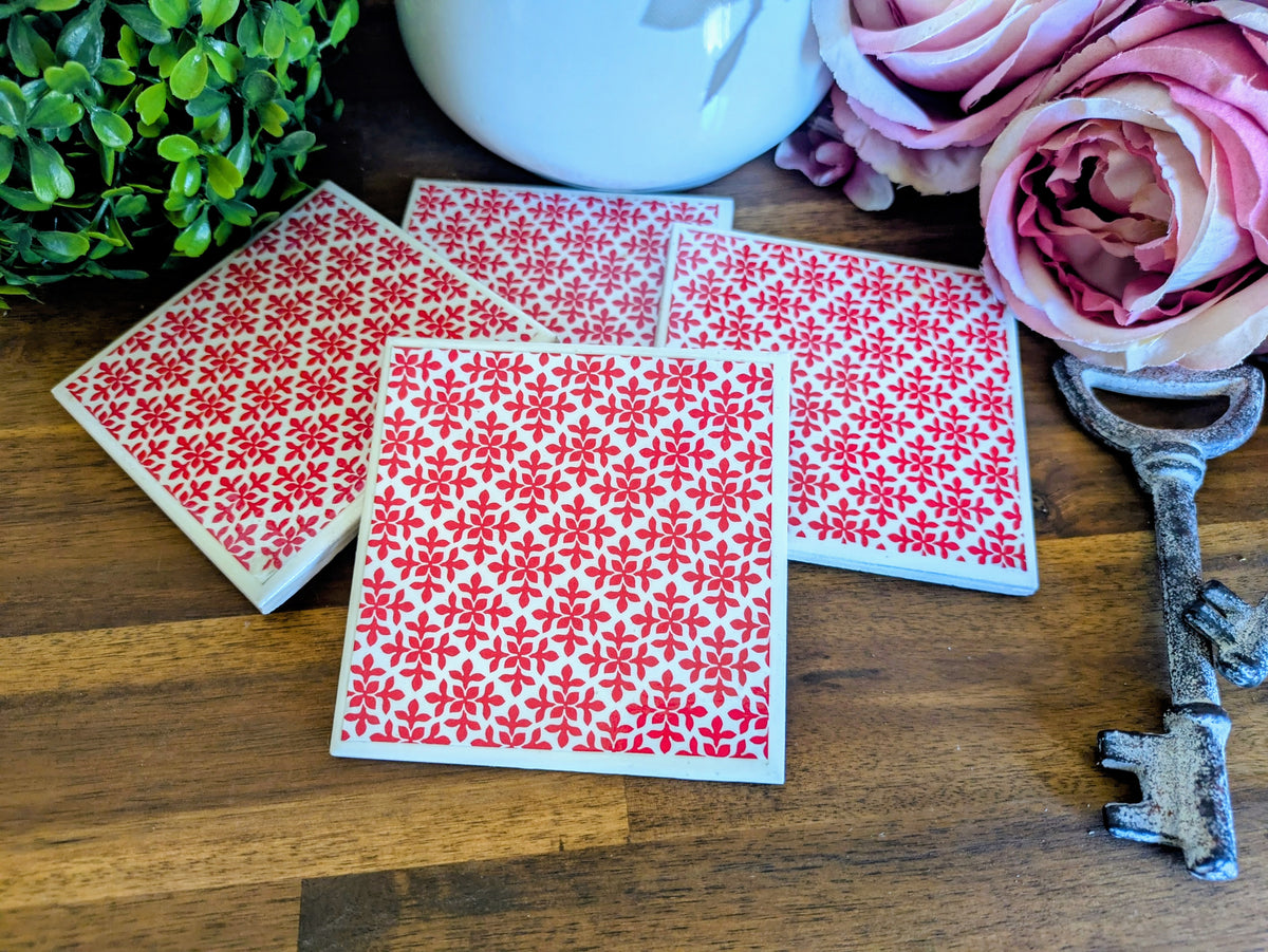 Hand Crafted Ceramic Coaster - Mini Red Leaf Pattern Set of 4x
