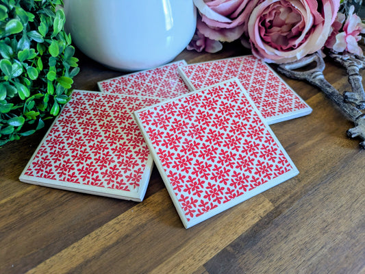 Hand Crafted Ceramic Coaster - Mini Red Leaf Pattern Set of 4x