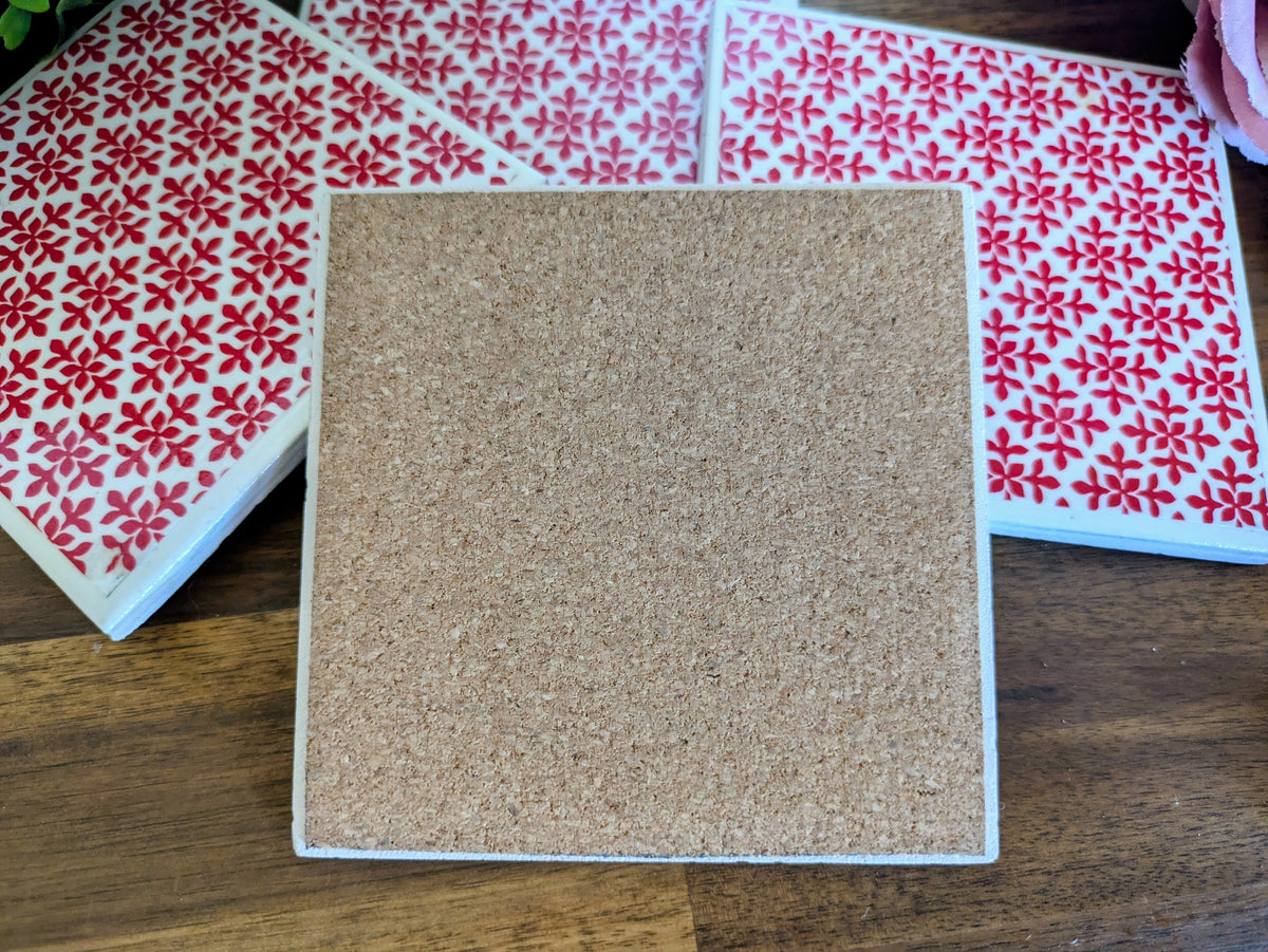 Hand Crafted Ceramic Coaster - Mini Red Leaf Pattern Set of 4x