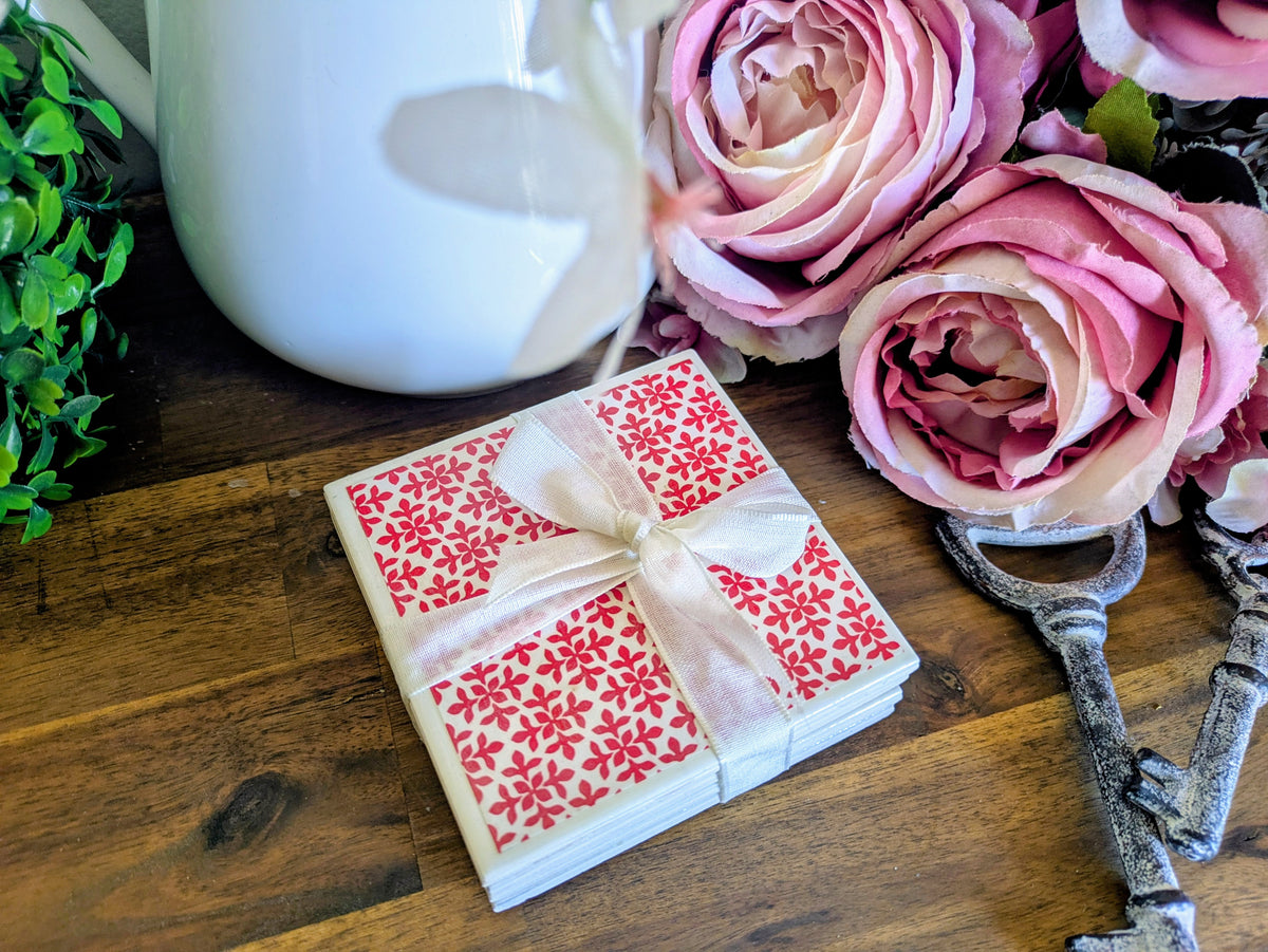 Hand Crafted Ceramic Coaster - Mini Red Leaf Pattern Set of 4x