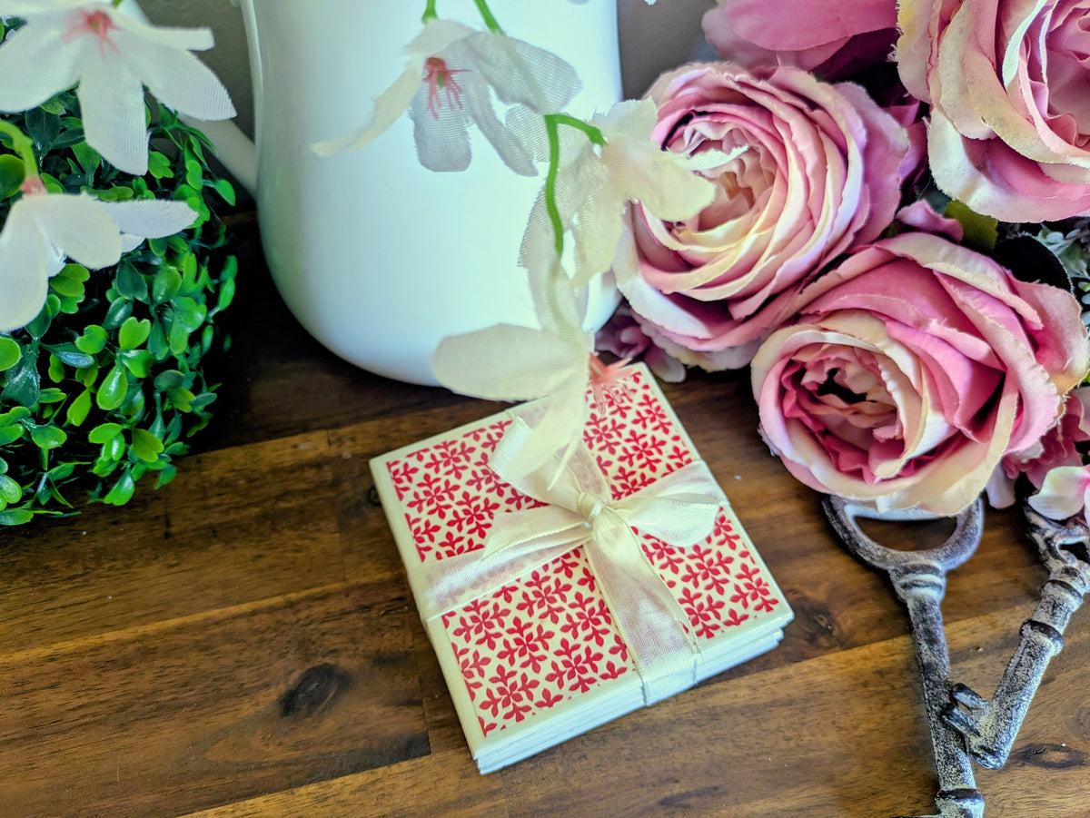 Hand Crafted Ceramic Coaster - Mini Red Leaf Pattern Set of 4x