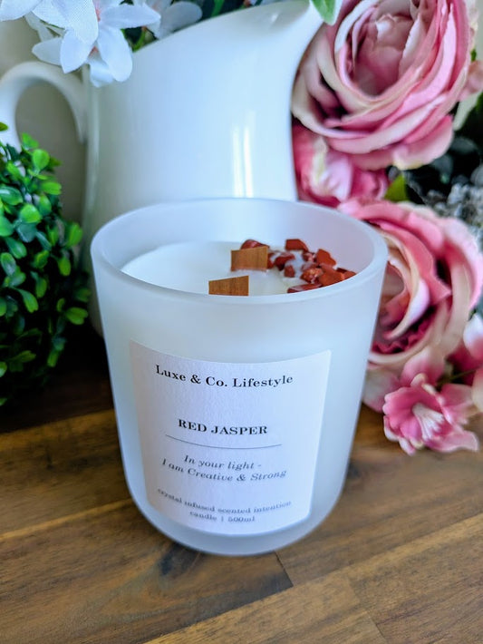 RED JASPER Crystal Infused Intention Candle - Creative & Strong