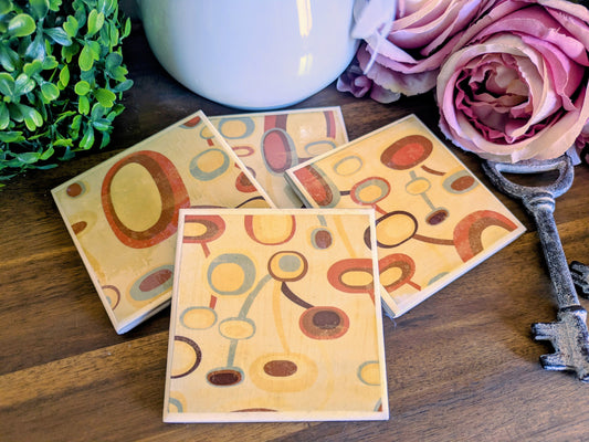 Hand Crafted Ceramic Coaster - Retro 70's Icon Pattern Set of 4x