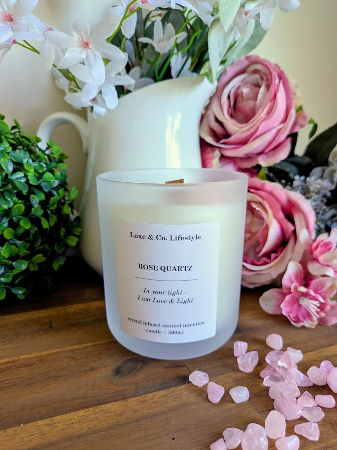 ROSE QUARTZ Crystal Infused Intention Candle - Love & Light
