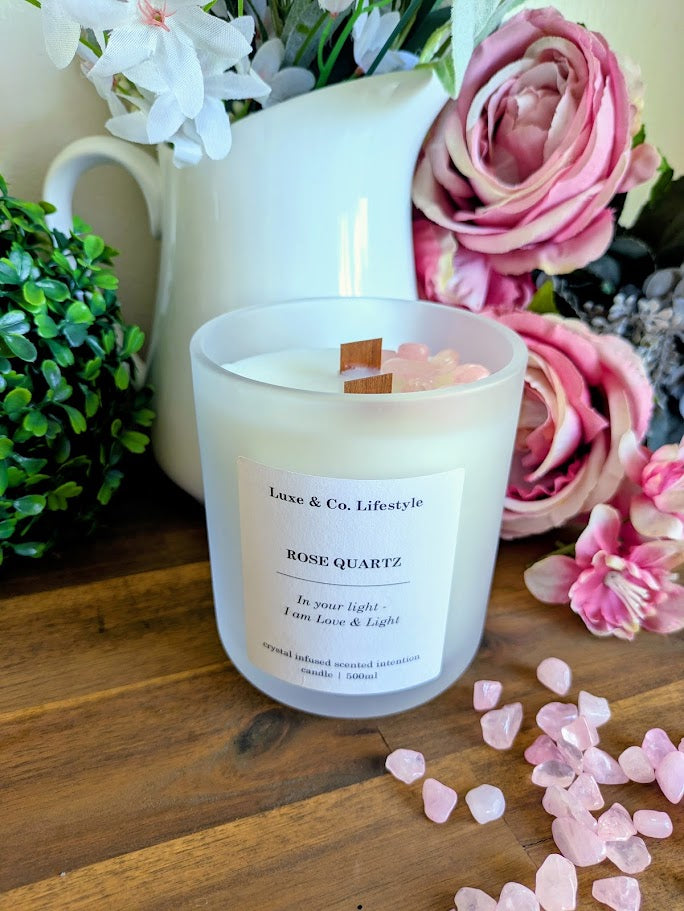 ROSE QUARTZ Crystal Infused Intention Candle - Love & Light