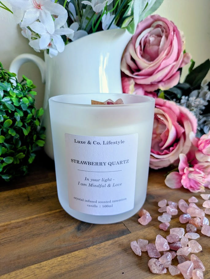 STRAWBERRY QUARTZ Crystal Infused Intention Candle - Mindful & Love