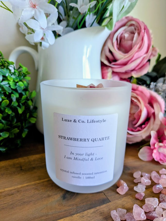 STRAWBERRY QUARTZ Crystal Infused Intention Candle - Mindful & Love