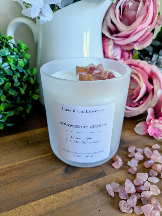 STRAWBERRY QUARTZ Crystal Infused Intention Candle - Mindful & Love