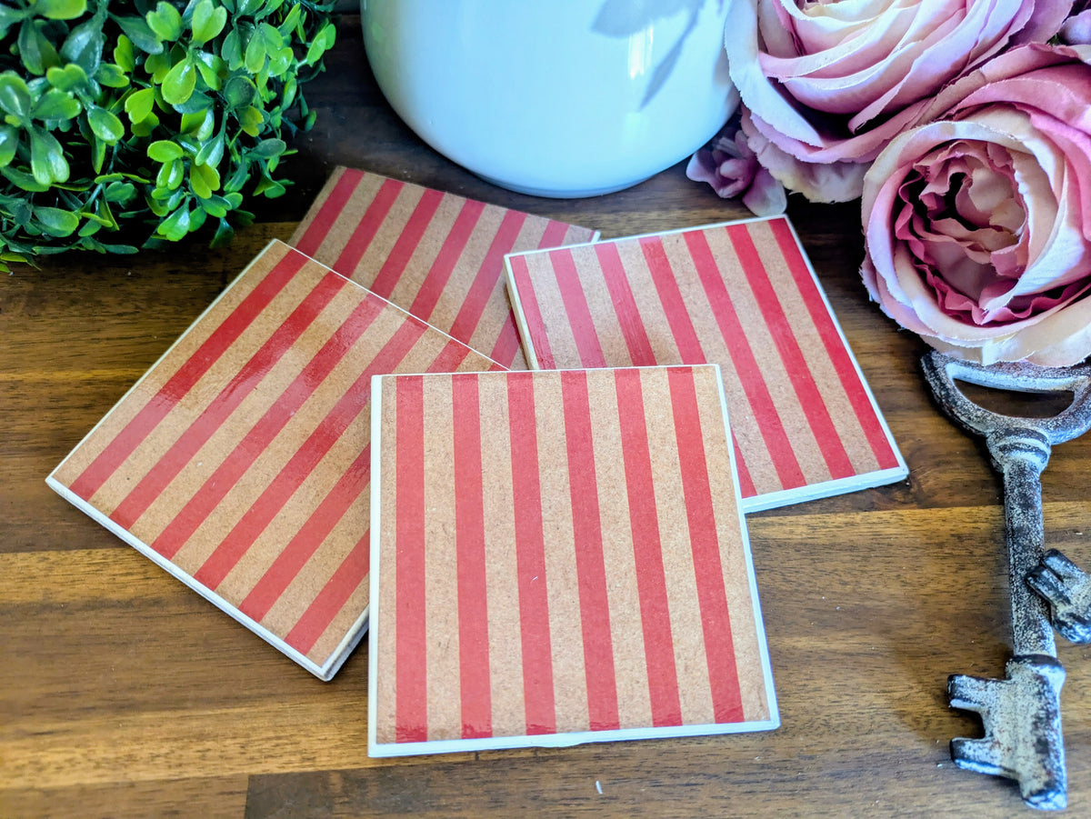 Hand Crafted Ceramic Coaster - Vintage Red Stripe Pattern Set of 4x